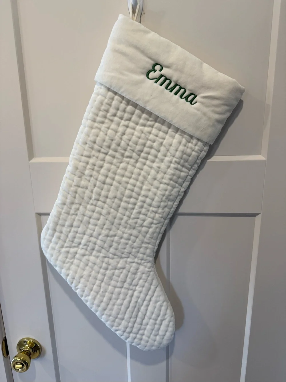 Pottery Barn Ivory Quilted Christmas Stocking with Green Name Embroidery